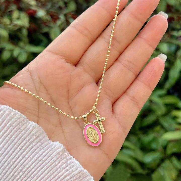 Christianartworkshop Dual-Faith Our Lady & Cross Necklace: Steady Companion for Daily Belief - Pink - image 5