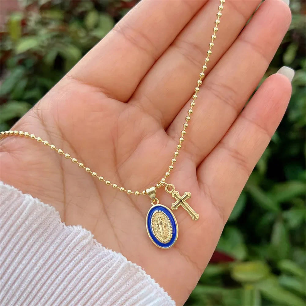 Christianartworkshop Dual-Faith Our Lady & Cross Necklace: Steady Companion for Daily Belief - Dark Blue - image 9
