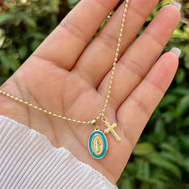Christianartworkshop Dual-Faith Our Lady & Cross Necklace: Steady Companion for Daily Belief - Blue - image 4