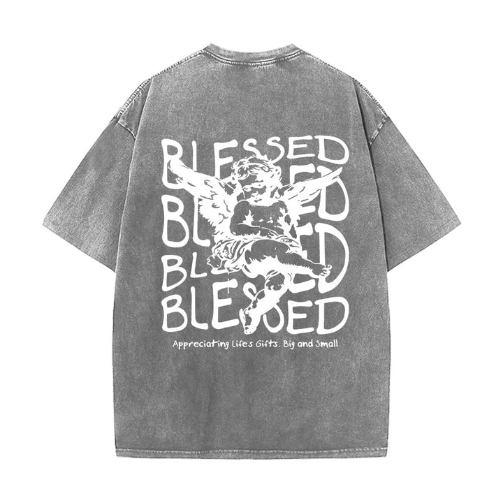 Christianartworkshop Inspired Blessed T-Shirt with Cherub Design Unisex Washed T-Shirt - Grey - 5XL - image 9