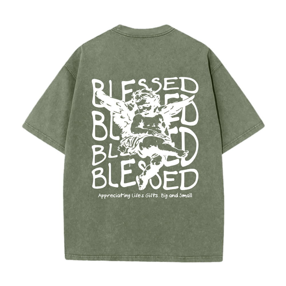 Christianartworkshop Inspired Blessed T-Shirt with Cherub Design Unisex Washed T-Shirt - Army Green - 5XL - image 6