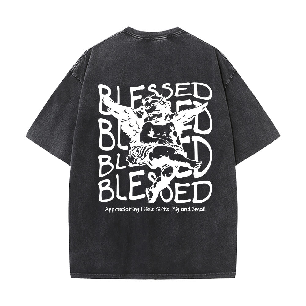 Christianartworkshop Inspired Blessed T-Shirt with Cherub Design Unisex Washed T-Shirt - Black - 5XL - image 2