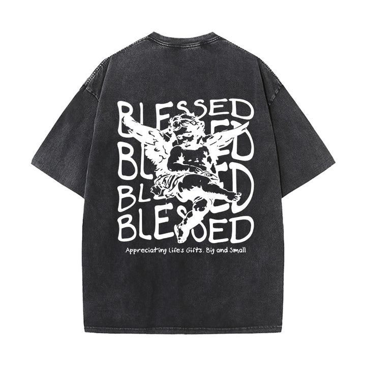 Christianartworkshop Inspired Blessed T-Shirt with Cherub Design Unisex Washed T-Shirt - Black - 5XL - image 2