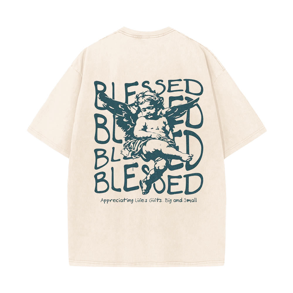 Christianartworkshop Inspired Blessed T-Shirt with Cherub Design Unisex Washed T-Shirt - Apricot - 5XL - image 0