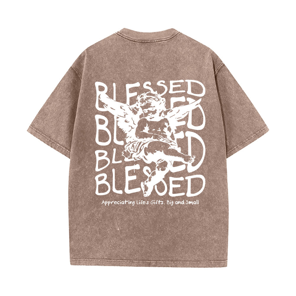 Christianartworkshop Inspired Blessed T-Shirt with Cherub Design Unisex Washed T-Shirt - Coffee - 5XL - image 10