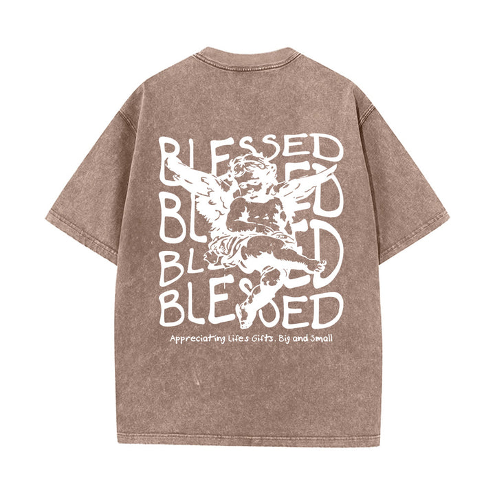 Christianartworkshop Inspired Blessed T-Shirt with Cherub Design Unisex Washed T-Shirt - Coffee - 5XL - image 10