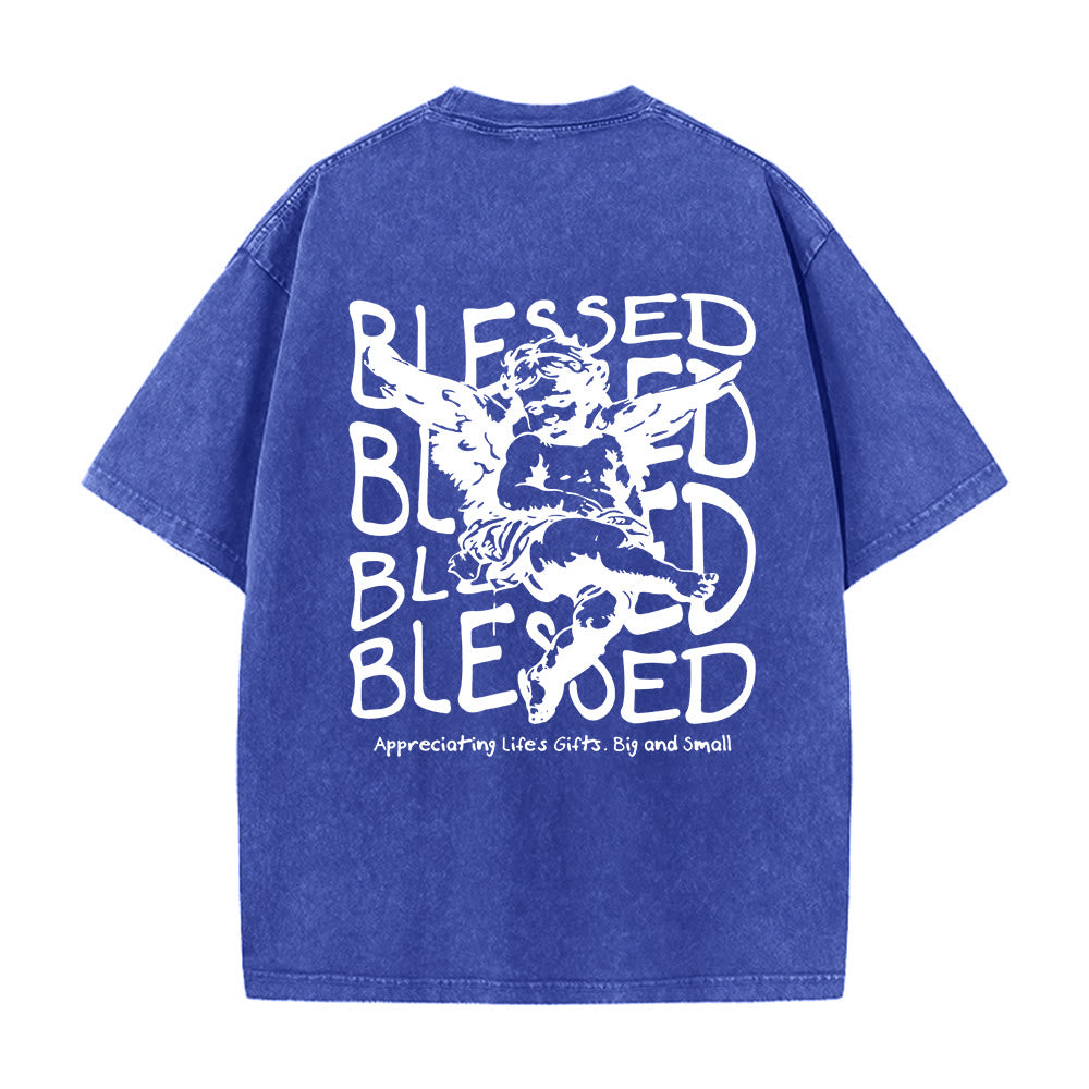 Christianartworkshop Inspired Blessed T-Shirt with Cherub Design Unisex Washed T-Shirt - Blue - 5XL - image 16