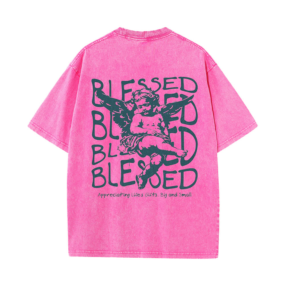 Christianartworkshop Inspired Blessed T-Shirt with Cherub Design Unisex Washed T-Shirt - Pink - 5XL - image 12