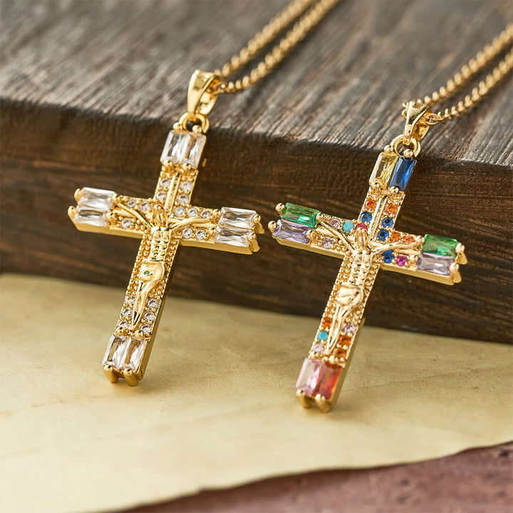 Retro Bohemian Style Colored Zirconia Cross Titanium Steel Necklace - image 1