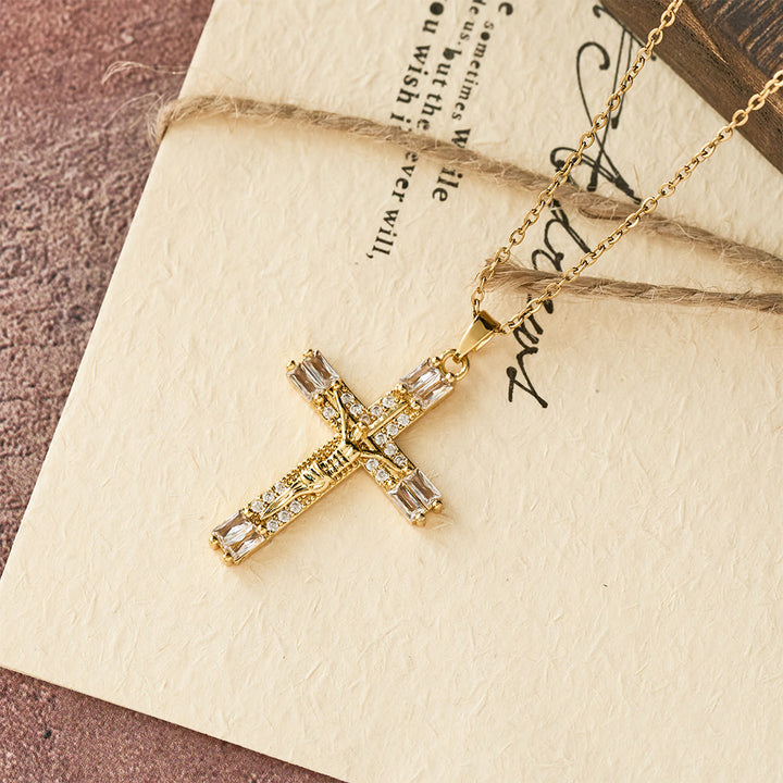 Retro Bohemian Style Colored Zirconia Cross Titanium Steel Necklace - image 4