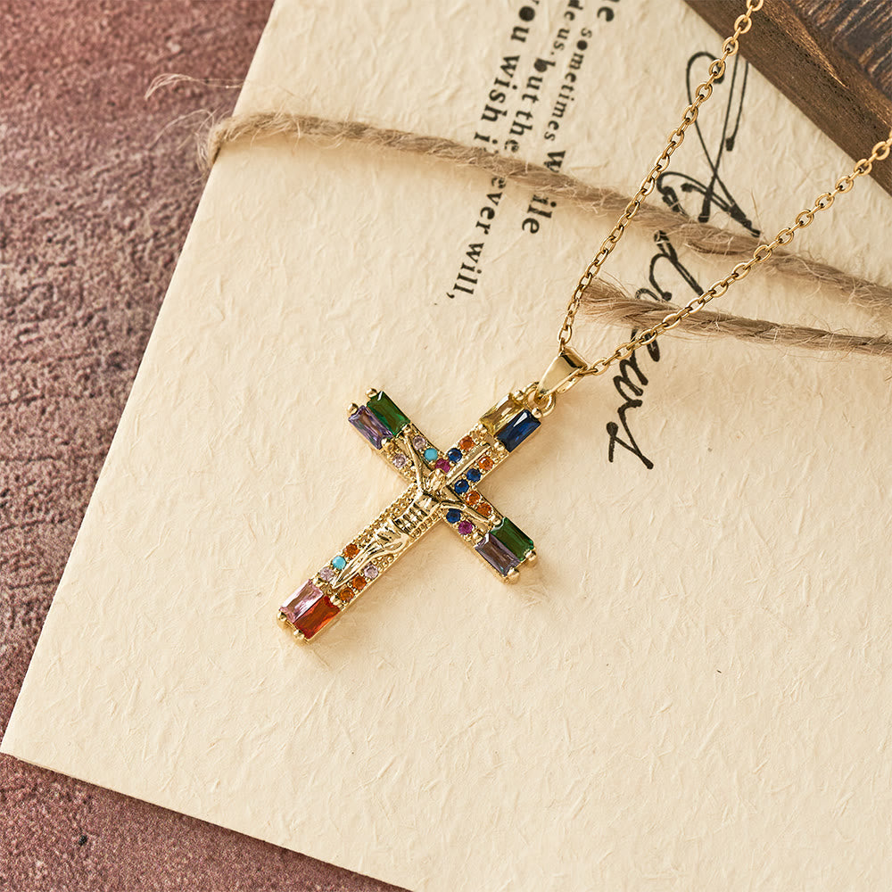 Retro Bohemian Style Colored Zirconia Cross Titanium Steel Necklace - image 3