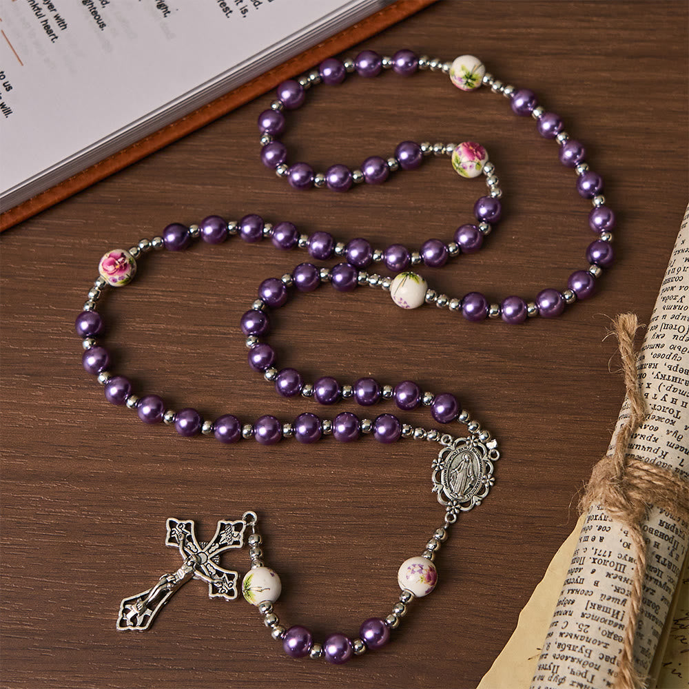 Miraculous Medal & Crucifix of 8 mm Round Multicolor Pearl Nylon Cord Rosary - Purple - image 0