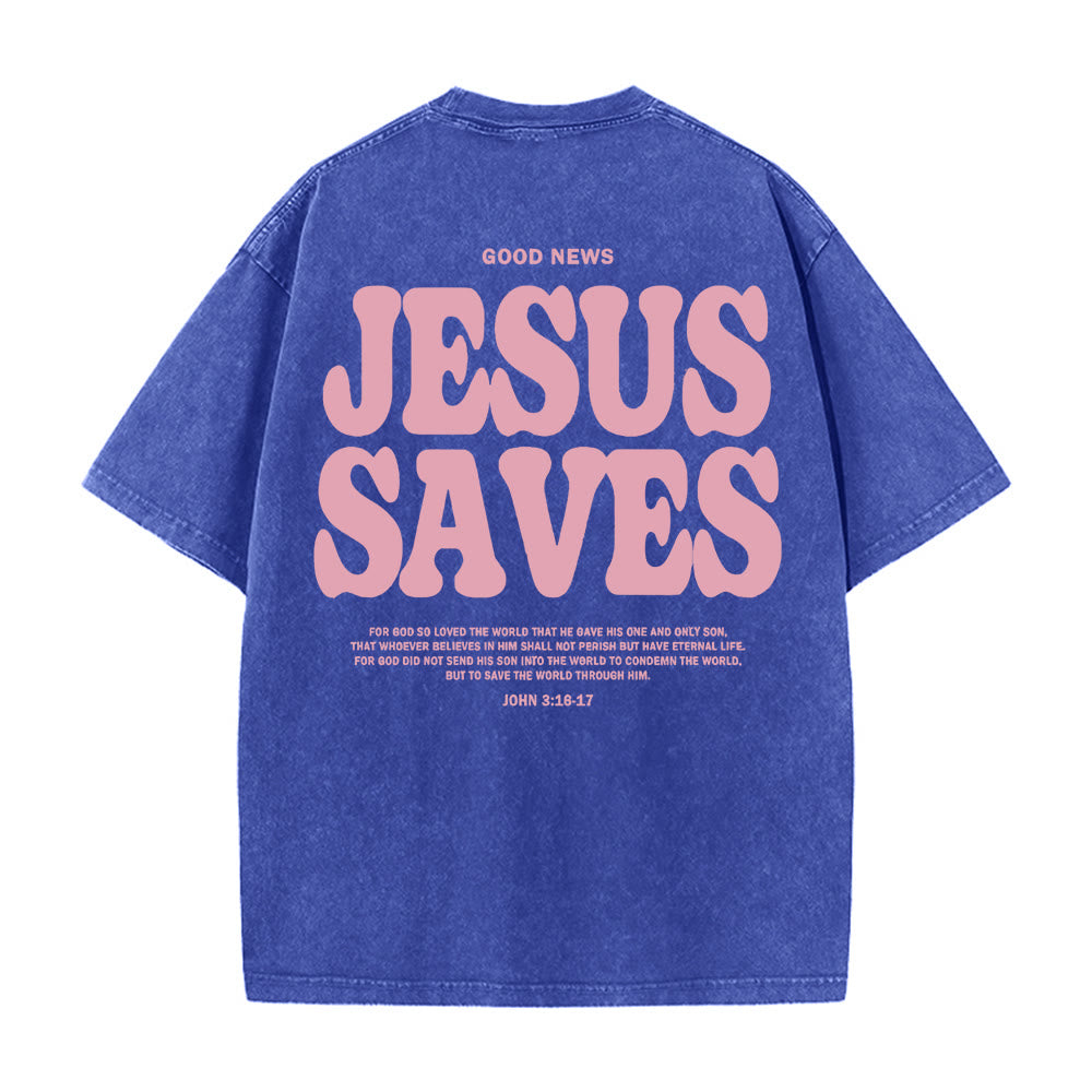Christianartworkshop Jesus Saves Unisex Washed T-Shirt - Blue - 5XL - image 10