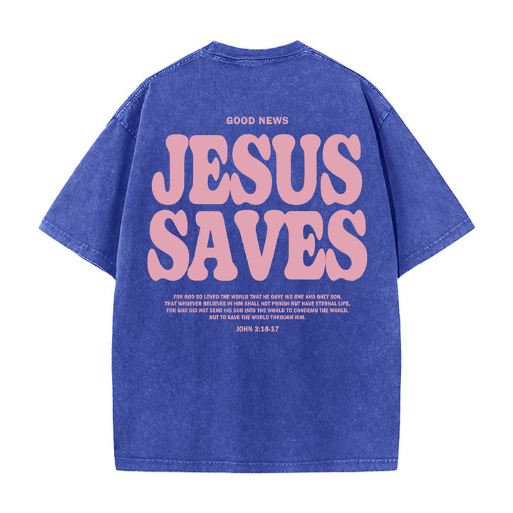 Christianartworkshop Jesus Saves Unisex Washed T-Shirt - Blue - 5XL - image 10
