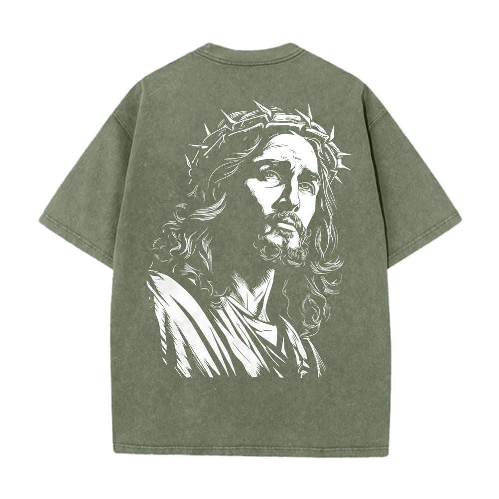 Christianartworkshop Vintage Style Jesus Christ Unisex Washed T-shirt - Army Green - 5XL - image 0
