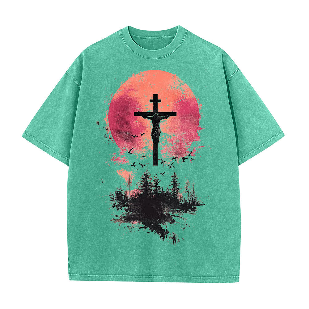 Christianartworkshop Divine Crucifix Over Nature Landscape Unisex Washed T-shirt - Green - 5XL - image 2