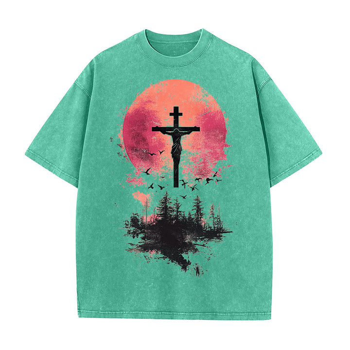 Christianartworkshop Divine Crucifix Over Nature Landscape Unisex Washed T-shirt - Green - 5XL - image 1