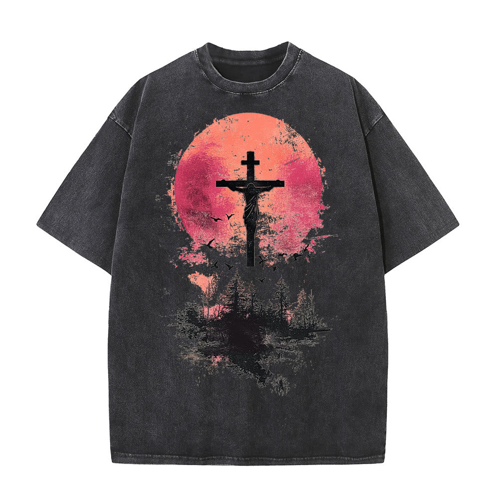 Christianartworkshop Divine Crucifix Over Nature Landscape Unisex Washed T-shirt - Black - 5XL - image 3