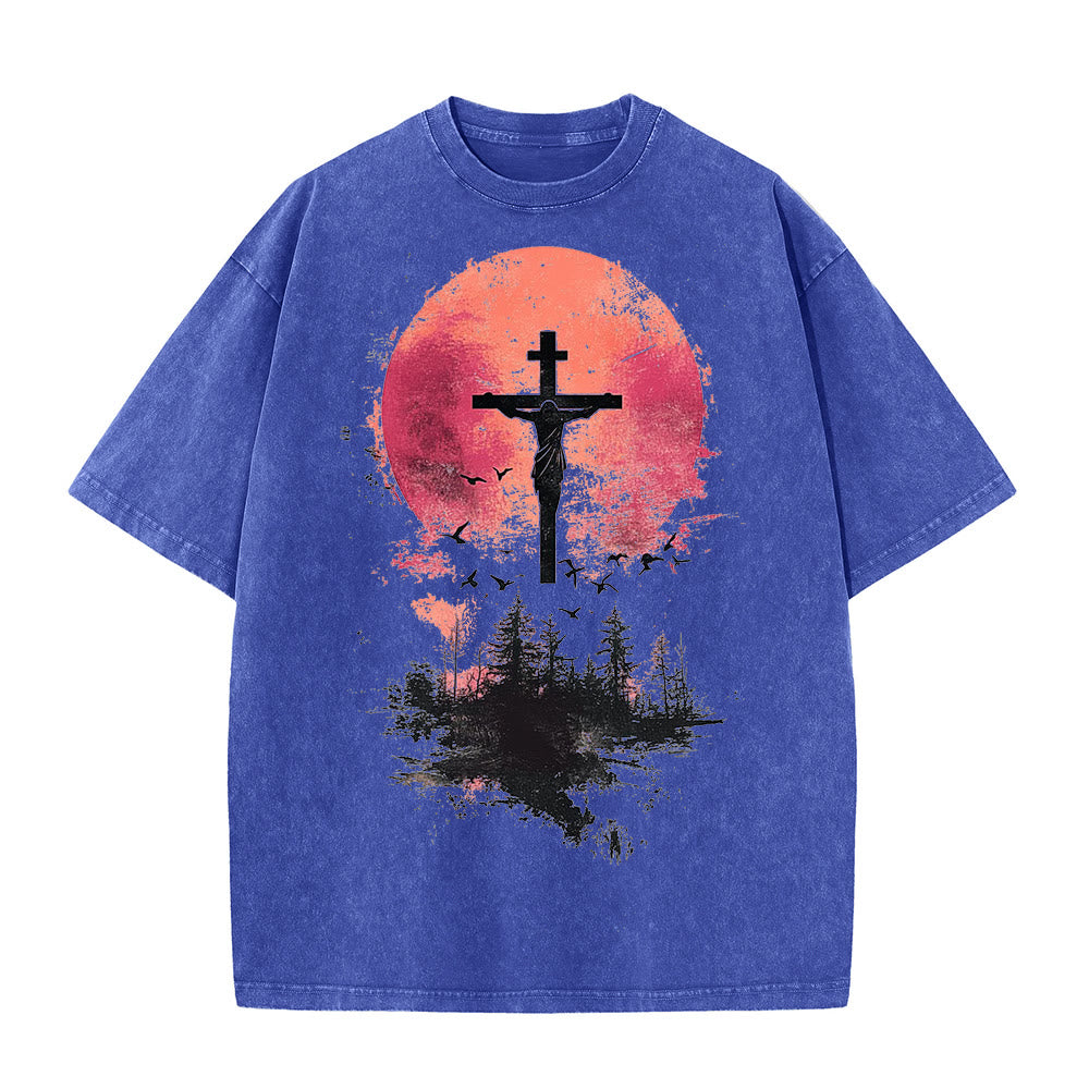 Christianartworkshop Divine Crucifix Over Nature Landscape Unisex Washed T-shirt - Blue - 5XL - image 8