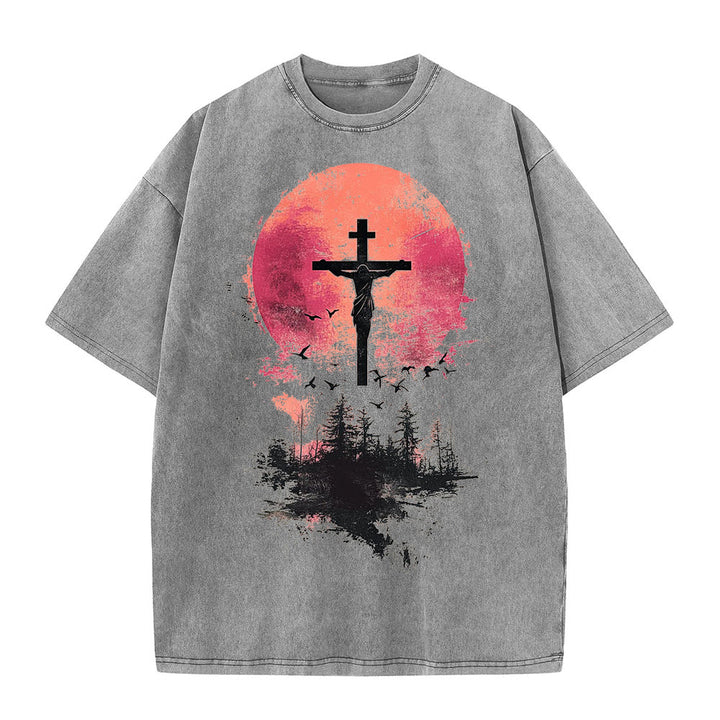 Christianartworkshop Divine Crucifix Over Nature Landscape Unisex Washed T-shirt - Grey - 5XL - image 4