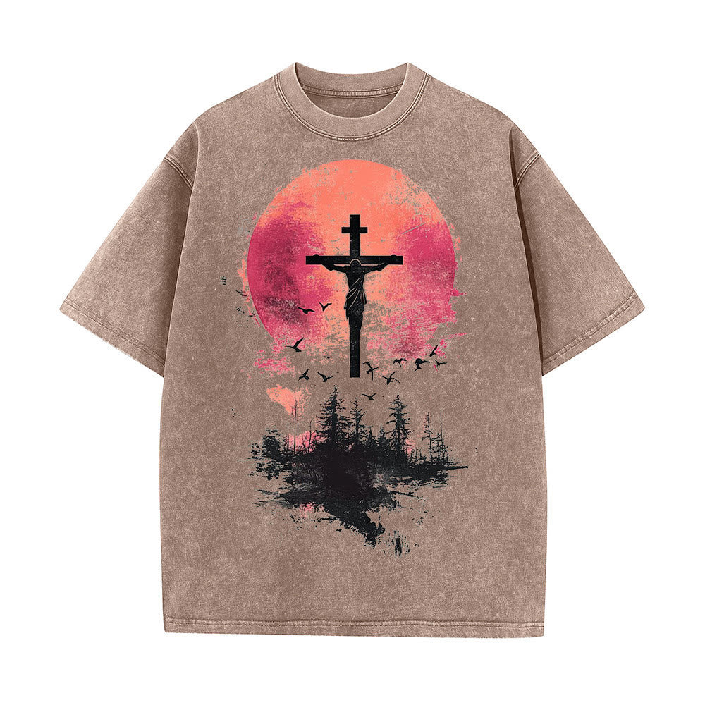 Christianartworkshop Divine Crucifix Over Nature Landscape Unisex Washed T-shirt - Coffee - 5XL - image 7