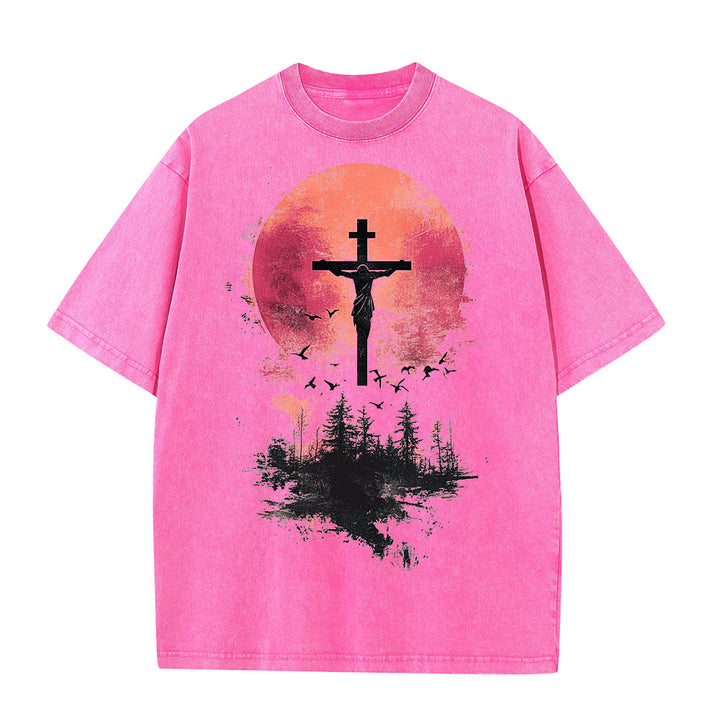 Christianartworkshop Divine Crucifix Over Nature Landscape Unisex Washed T-shirt - Pink - 5XL - image 6