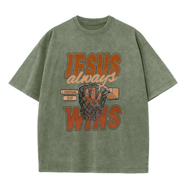 Christianartworkshop Jesus Always Wins Basketball Graphic Unisex Washed T-shirt - Army Green - 5XL - image 7