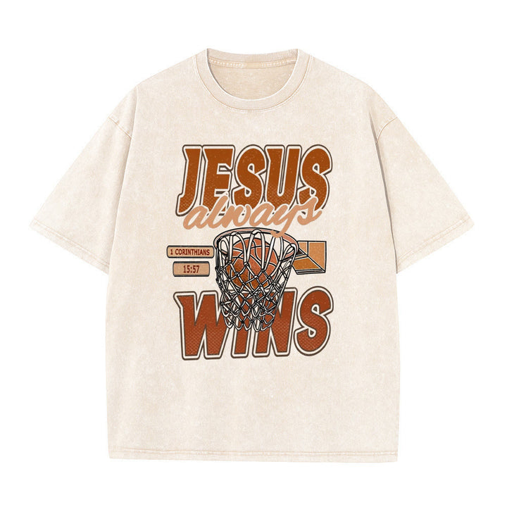Christianartworkshop Jesus Always Wins Basketball Graphic Unisex Washed T-shirt - Apricot - 5XL - image 0