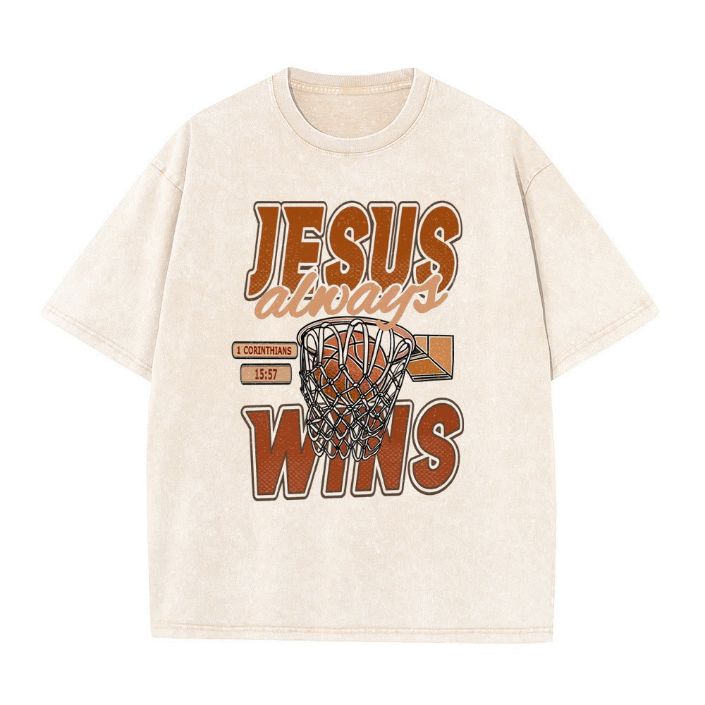Christianartworkshop Jesus Always Wins Basketball Graphic Unisex Washed T-shirt - Apricot - 5XL - image 0