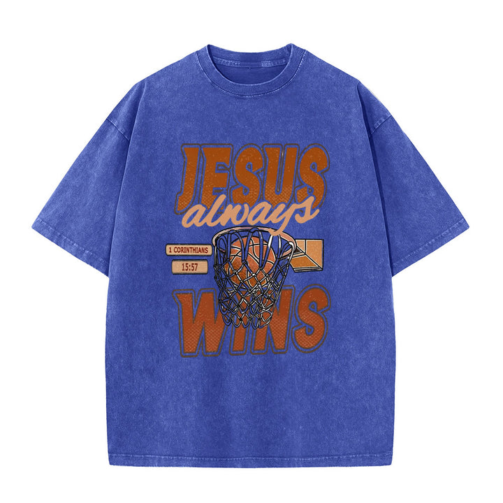 Christianartworkshop Jesus Always Wins Basketball Graphic Unisex Washed T-shirt - Blue - 5XL - image 9