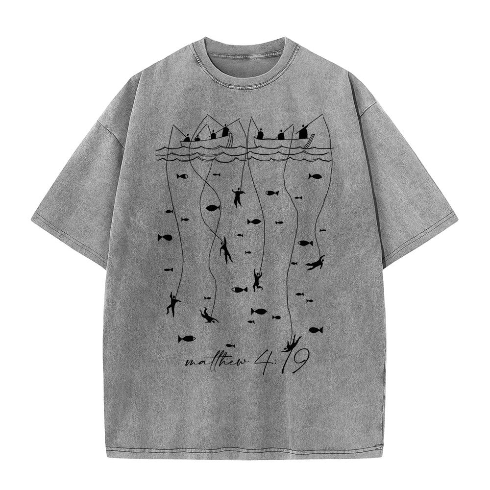 Christianartworkshop Biblical Fishing Narrative Unisex Washed T-shirt - Grey - 5XL - image 5