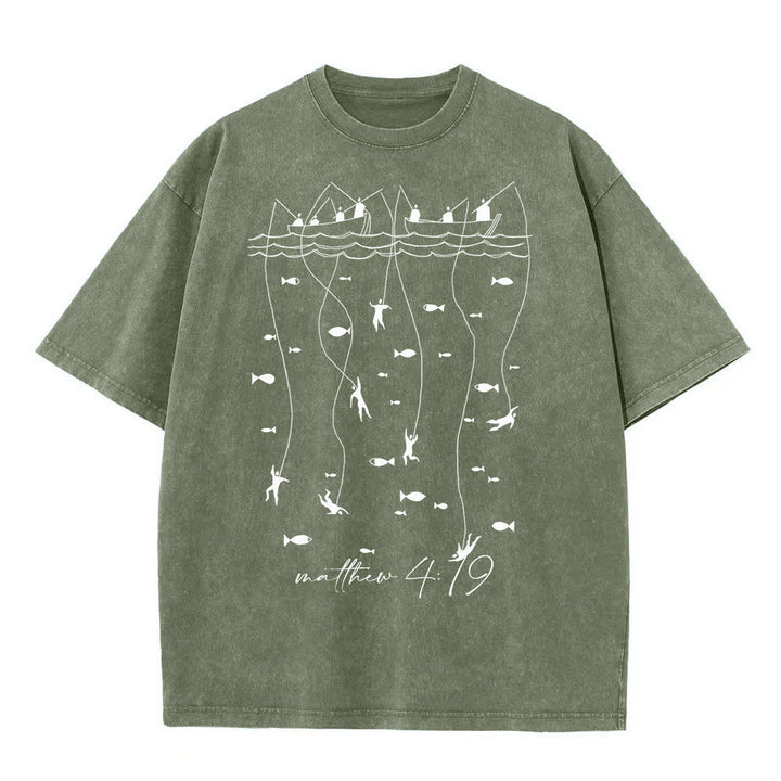 Christianartworkshop Biblical Fishing Narrative Unisex Washed T-shirt - Army Green - 5XL - image 5