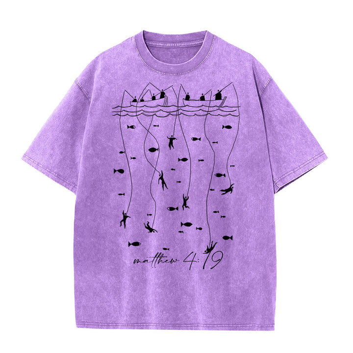 Christianartworkshop Biblical Fishing Narrative Unisex Washed T-shirt - Purple - 5XL - image 3