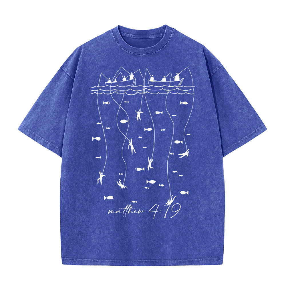 Christianartworkshop Biblical Fishing Narrative Unisex Washed T-shirt - Blue - 5XL - image 0