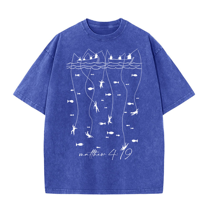 Christianartworkshop Biblical Fishing Narrative Unisex Washed T-shirt - Blue - 5XL - image 0