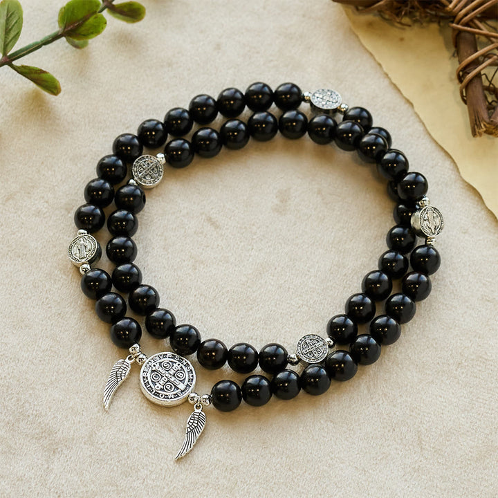 Christianartworkshop St. Benedict & Miraculous Medal Wooden Bead Dual Guardian Bracelet - Ebony - image 0