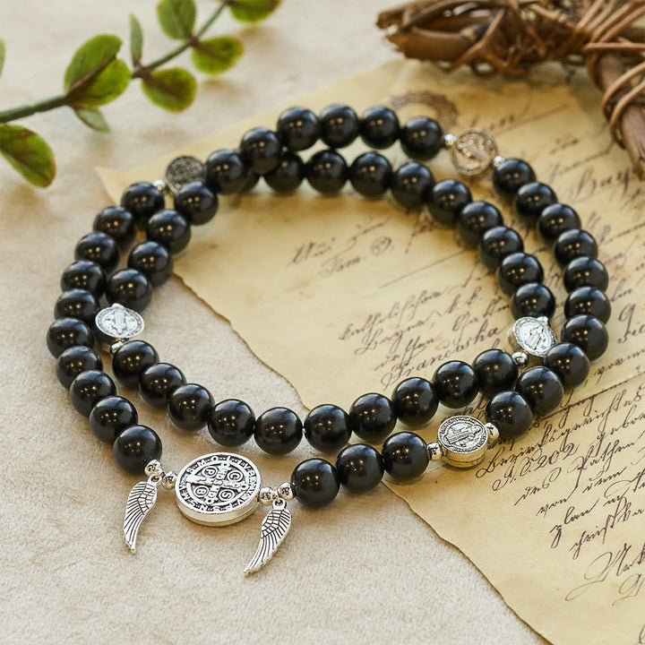 Christianartworkshop St. Benedict & Miraculous Medal Wooden Bead Dual Guardian Bracelet - image 3