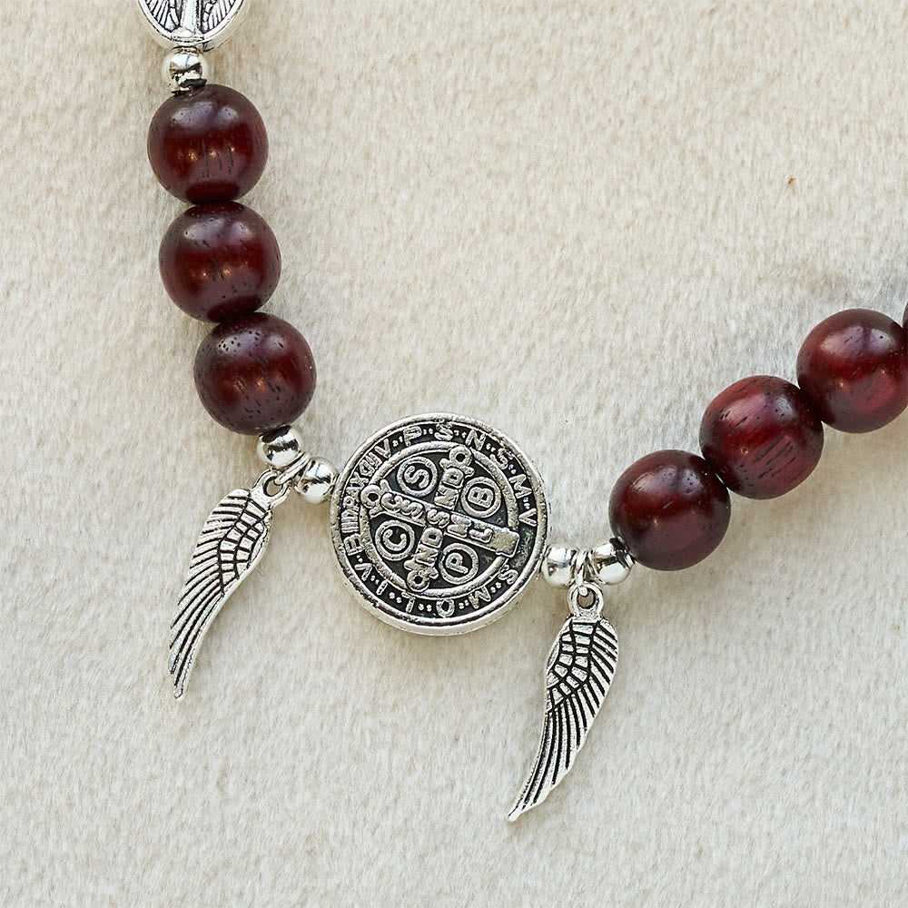 Christianartworkshop St. Benedict & Miraculous Medal Wooden Bead Dual Guardian Bracelet - image 13