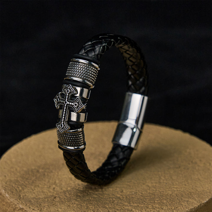 Christianartworkshop Classic Two-Tone Holy Cross Leather Bracelet with Braided Design - image 6