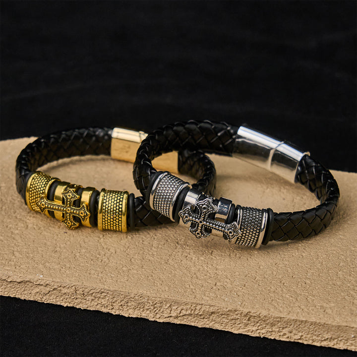 Christianartworkshop Classic Two-Tone Holy Cross Leather Bracelet with Braided Design - image 1