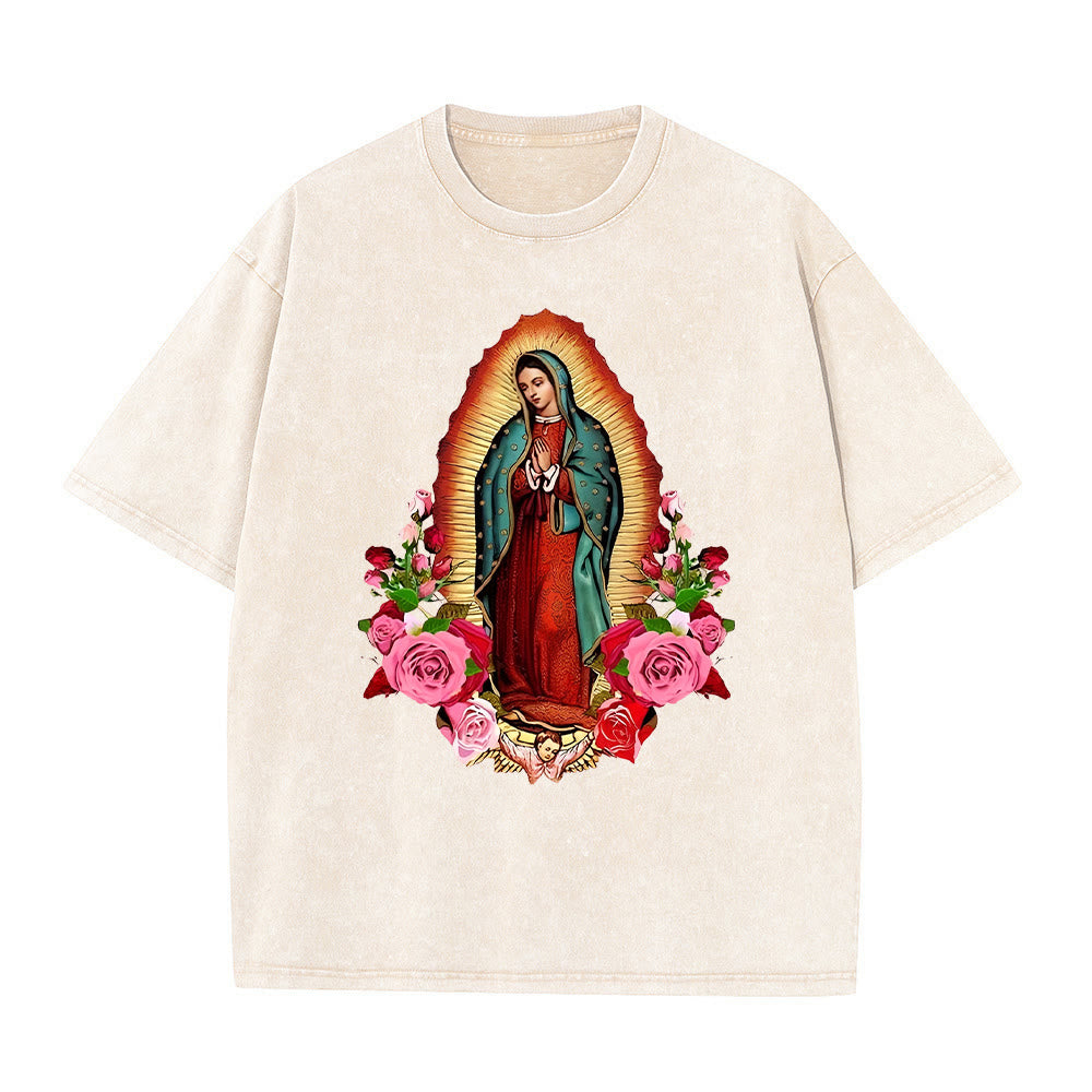 Christianartworkshop Vintage Our Lady of Guadalupe Floral Faith Unisex Washed T-Shirt - Apricot - 5XL - image 1