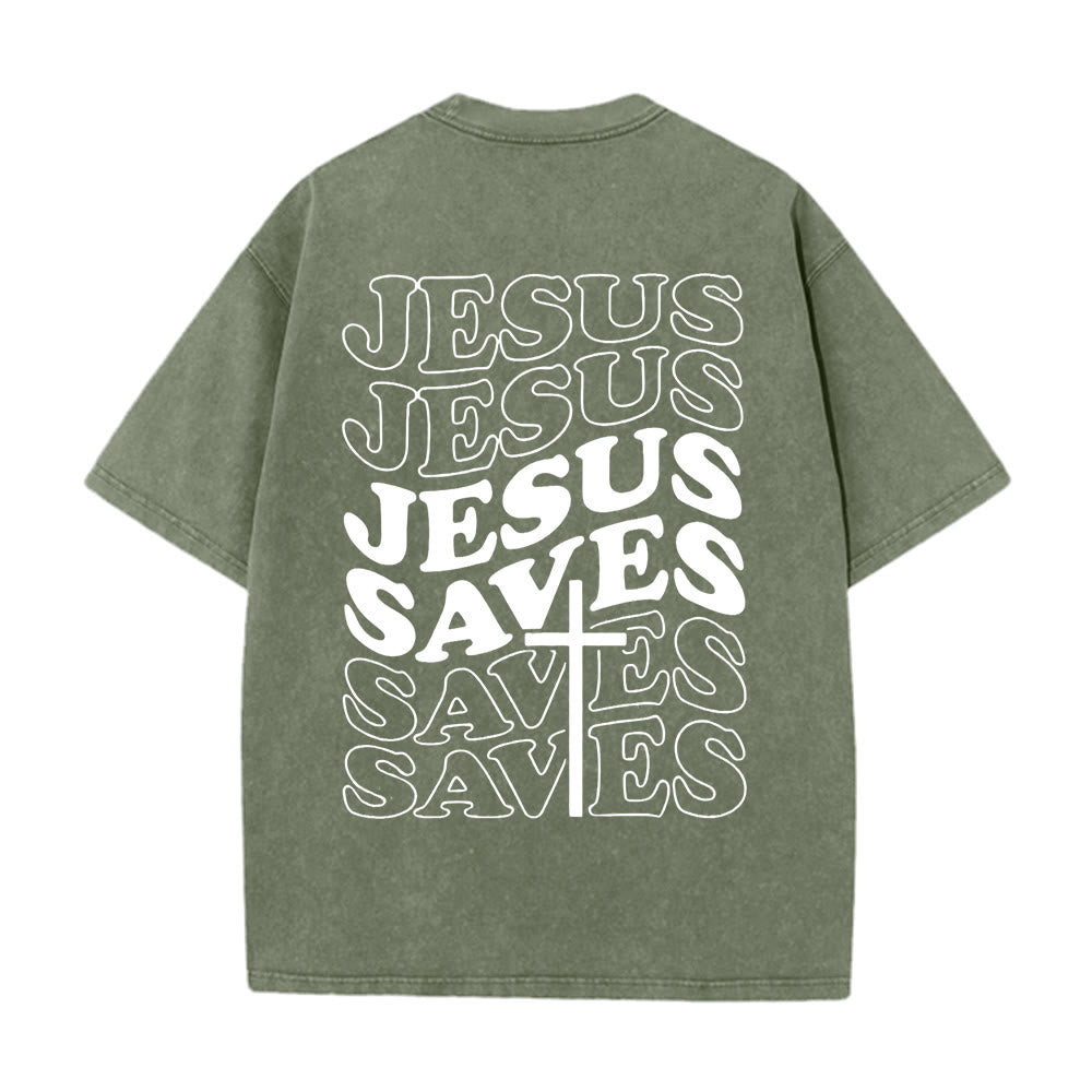 Christianartworkshop Jesus Saves Cross Graphic Unisex Washed T - Shirt - Army Green - 5XL - image 2