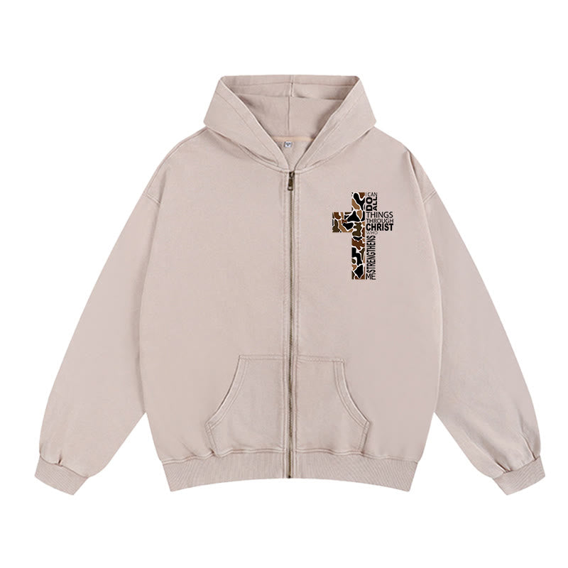 Christianartworkshop Cross Motif Hooded Jacket: All Things Through Christ for Church & Daily - Apricot - 2XL - image 8