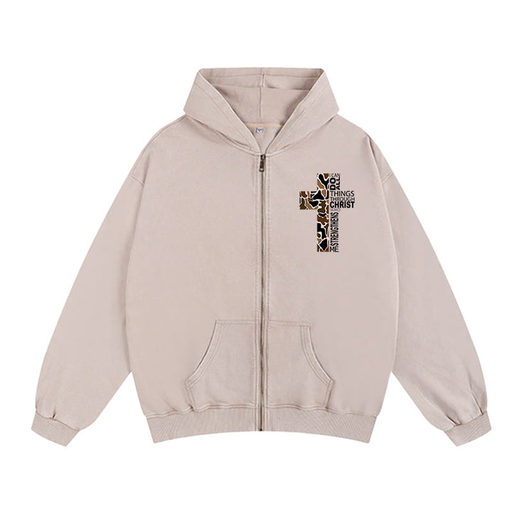 Christianartworkshop Cross Motif Hooded Jacket: All Things Through Christ for Church & Daily - Apricot - 2XL - image 8
