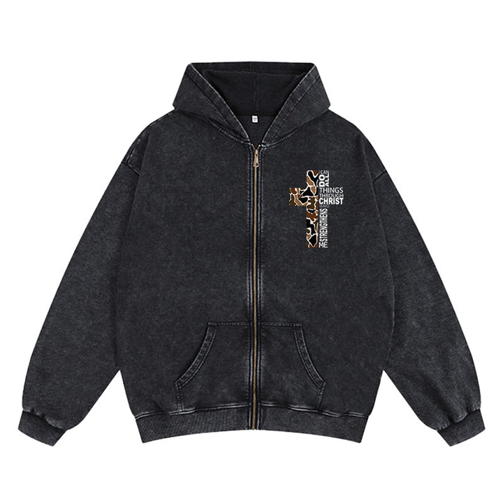 Christianartworkshop Cross Motif Zip-Up Hooded Jacket: All Things Through Christ for Church & Daily - Black - 2XL - image 0