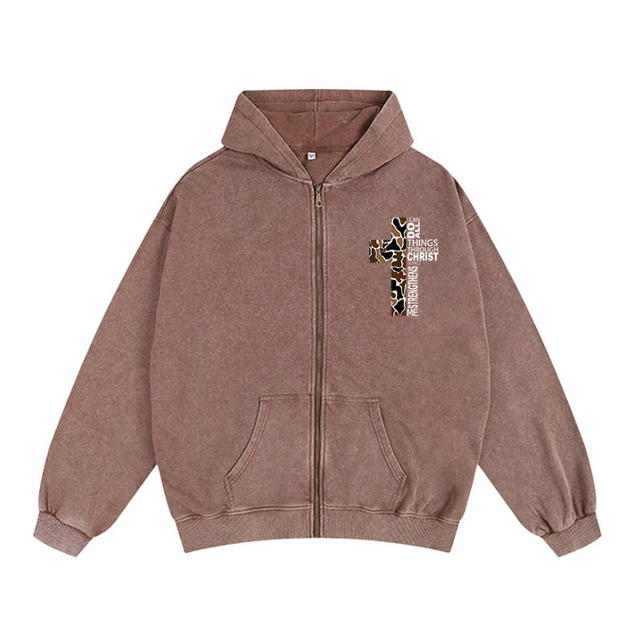 Christianartworkshop Cross Motif Hooded Jacket: All Things Through Christ for Church & Daily - Coffee - 2XL - image 6