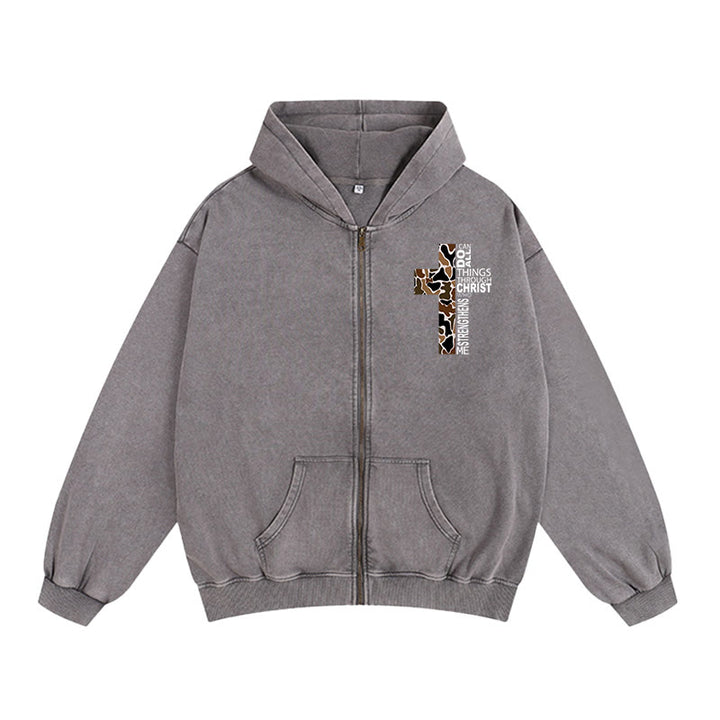 Christianartworkshop Cross Motif Hooded Jacket: All Things Through Christ for Church & Daily - Grey - 2XL - image 4