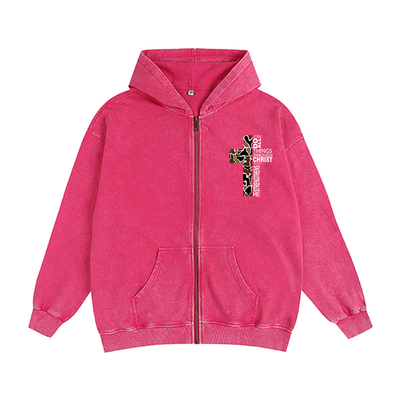 Christianartworkshop Cross Motif Zip-Up Hooded Jacket: All Things Through Christ for Church & Daily - Rose - 2XL - image 10