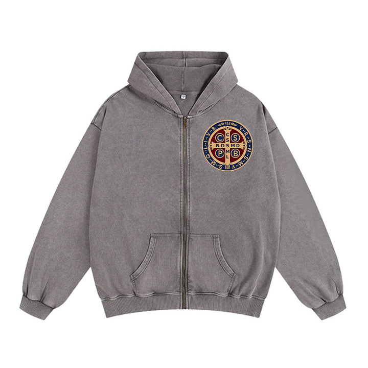 Christianartworkshop St. Benedict Cross Zip-Up Hooded Jacket: Faith Protection for Daily Wear - Grey - 2XL - image 0