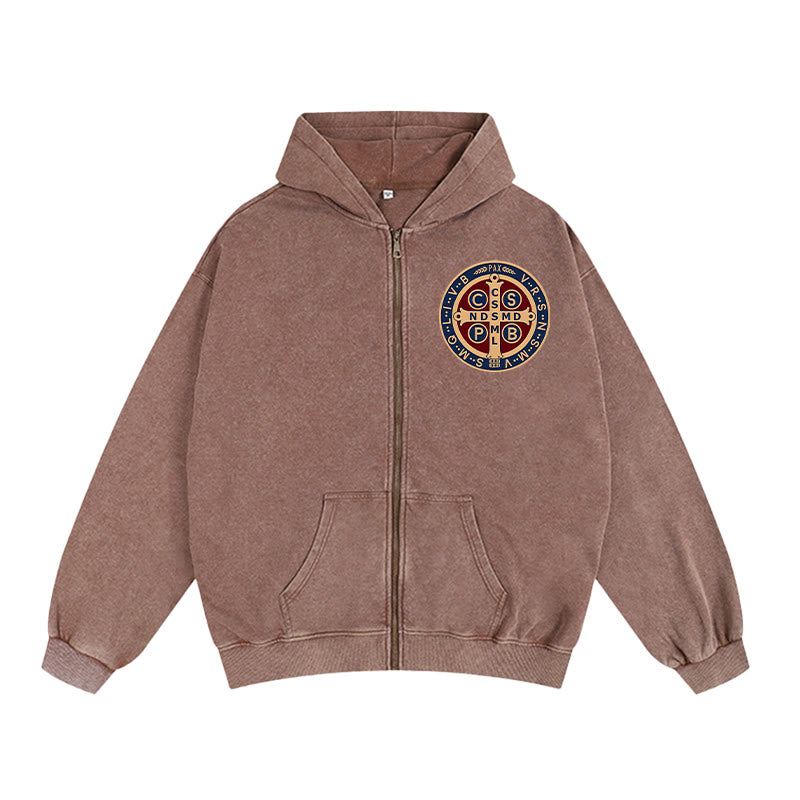 Christianartworkshop St. Benedict Cross Hooded Jacket: Faith Protection for Daily Wear - Coffee - 2XL - image 3